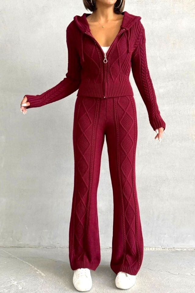 Compleu cu nervuri in relief, TOREN, pantaloni tricot si bluza scurta, Bordo, Marime S/M - 2 | YEO