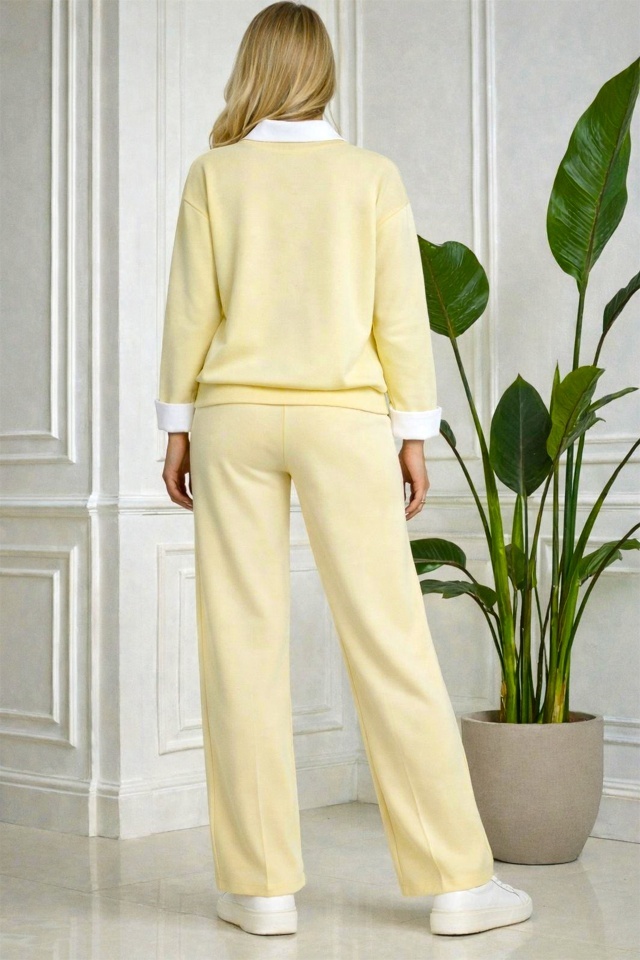 Compleu dama ALYA, cu bluza tip camasa si pantaloni lejeri cu snur, Galben, Marime S/M/L