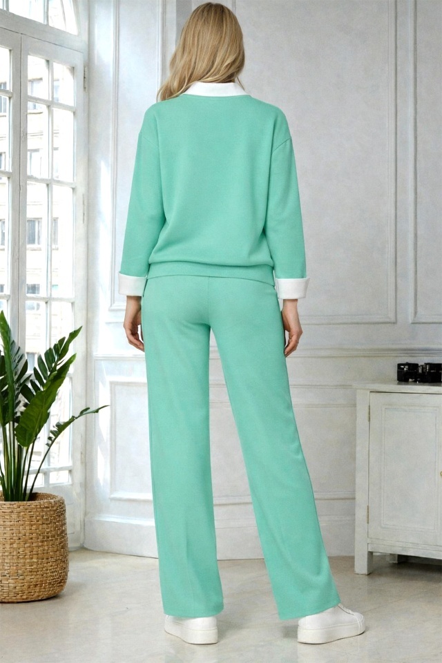 Compleu dama ALYA, cu bluza tip camasa si pantaloni lejeri cu snur, Verde, Marime S/M/L