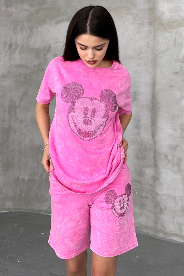 Compleu de dama RUDY, pantaloni scurti si tricou cu paiete, Roz Mickey - 3 | YEO