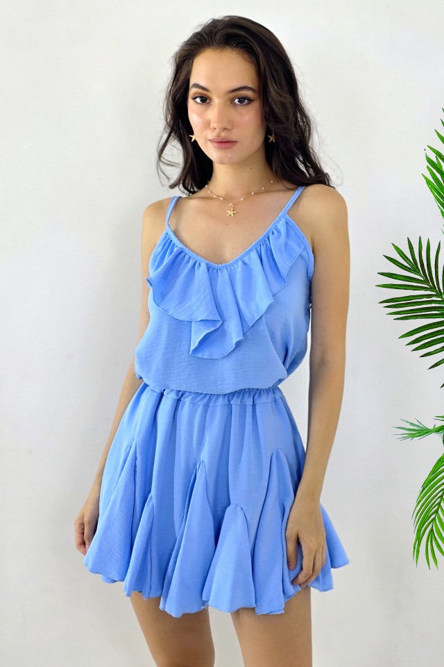 Compleu de vara Calipso, cu volane, top si fusta pantalon, Albastru Baby Blue, Marime S/M - 3 | YEO