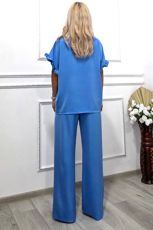 Compleu elegant de vara NORYA, pantaloni lejeri cu bluza si volane, Albastru deschis - 1 | YEO