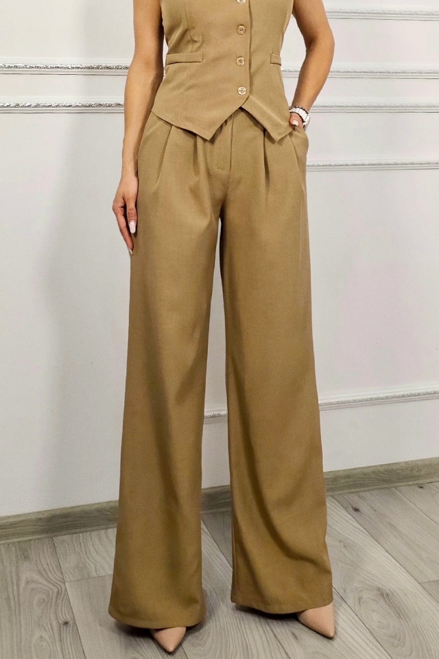 Compleu elegant VORIA, cu vesta asimetrica si pantaloni palazzo, Bej, Marime S/M - 3 | YEO