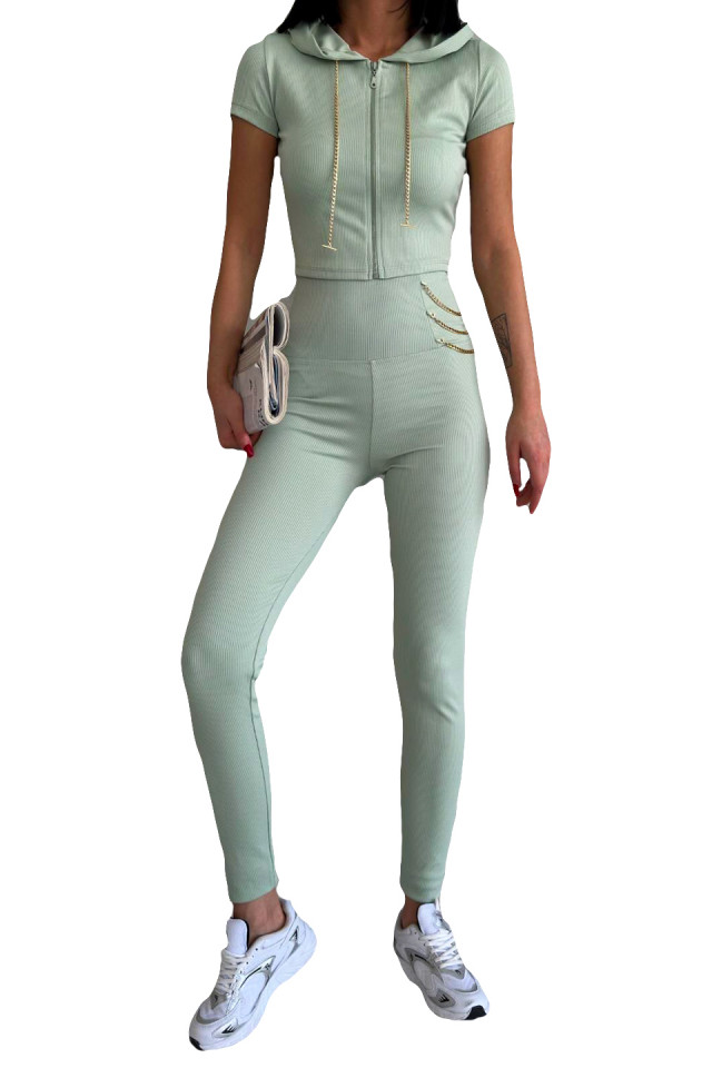 Compleu fitness Timote, bluza cu maneca scurta si colanti cu snururi metalice, Verde deschis