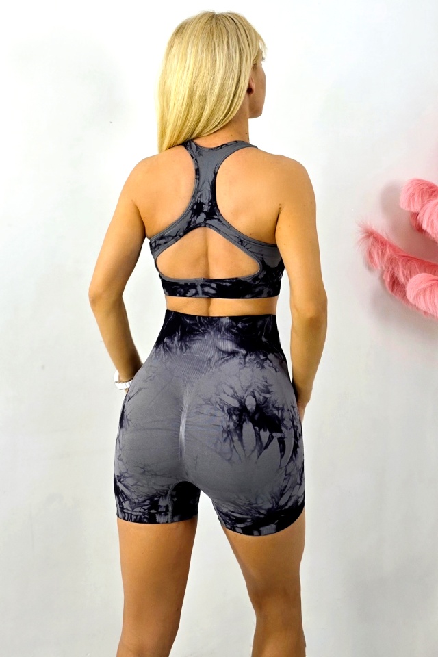 Compleu fitness ZAMIR, top, cupe buretate si colanti scurti push up, Gri-Negru - 1 | YEO