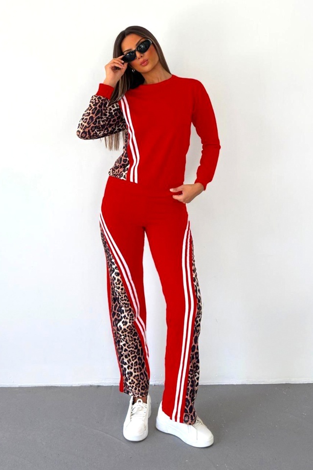 Compleu sport animal print LEONA, cu pantaloni lungi si bluza, Rosu - 3 | YEO