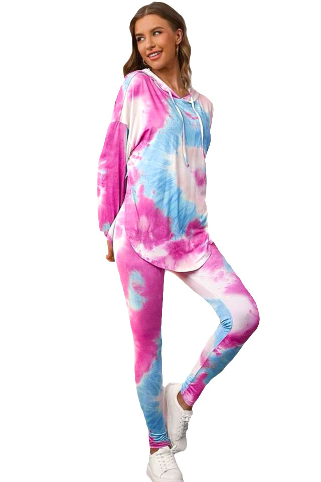 Compleu sport Fussion, cu imprimeu pastel, colanti si bluza lunga cu gluga, Fucsia