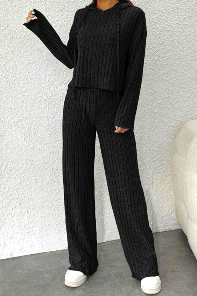 Compleu tetra Scarlett, cu bluza large, gluga si pantaloni lejeri, Negru - 3 | YEO