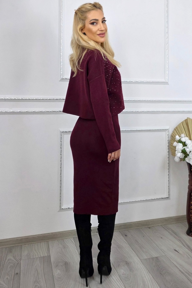 Compleu tricot, casual Caryne, cu rochie si bluza accesorizata, Burgundy, Marime S/M - 2 | YEO