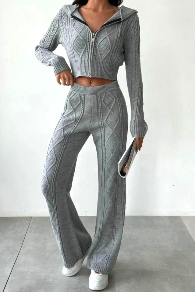 Compleu tricotat TOREN, pantaloni lejeri si bluza cu gluga, Gri, Marime S/M - 2 | YEO