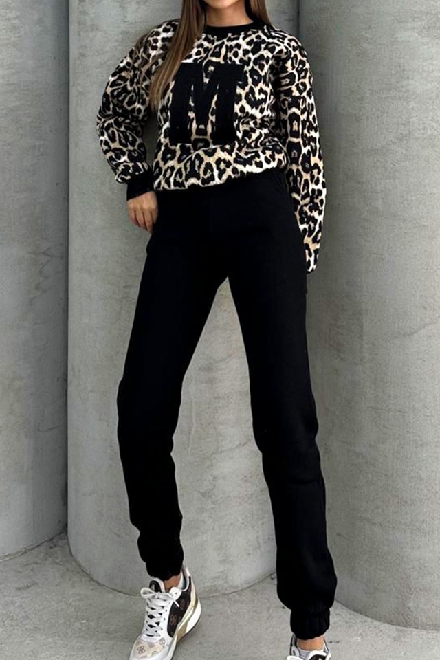 Compleu vatuit By Muse, cu bluza animal print si pantaloni cu snur, Negru - 2 | YEO