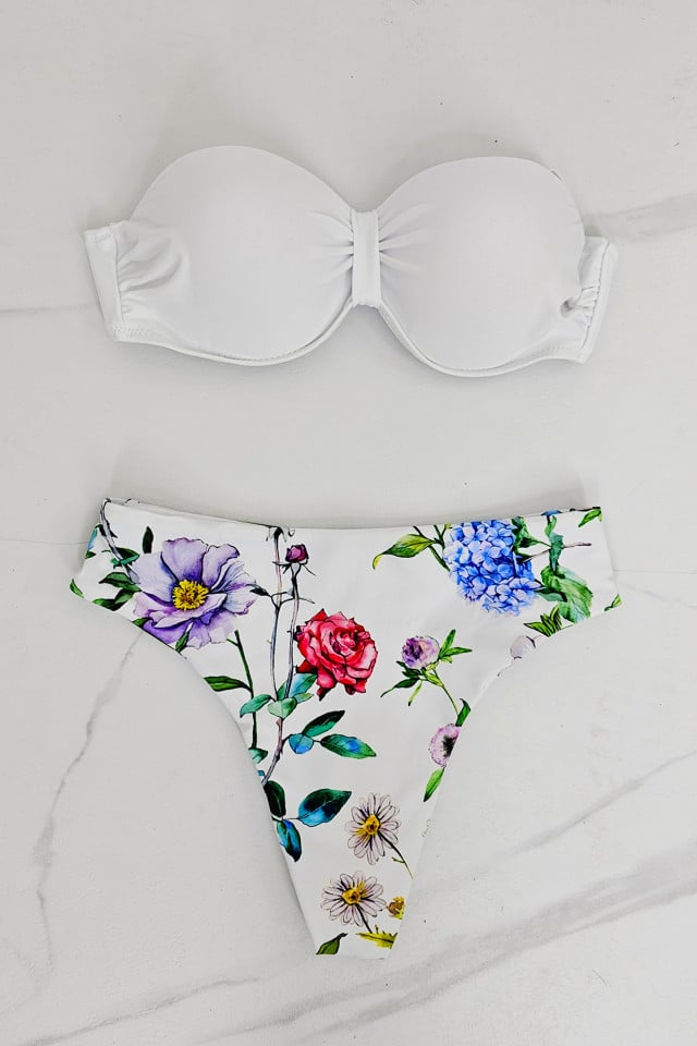 Costum de baie doua piese Azalee, imprimeu floral si sutien uni cu push up, White Hortensia - 3 | YEO