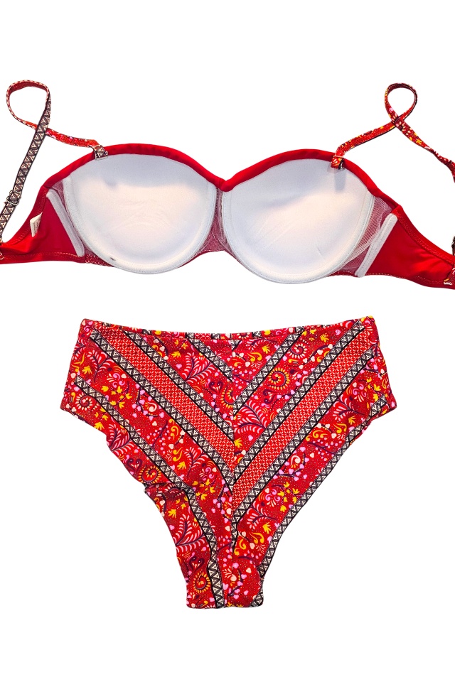 Costum de baie doua piese IVORIN, slip floral si sutien cu push up, ROSU - 3 | YEO