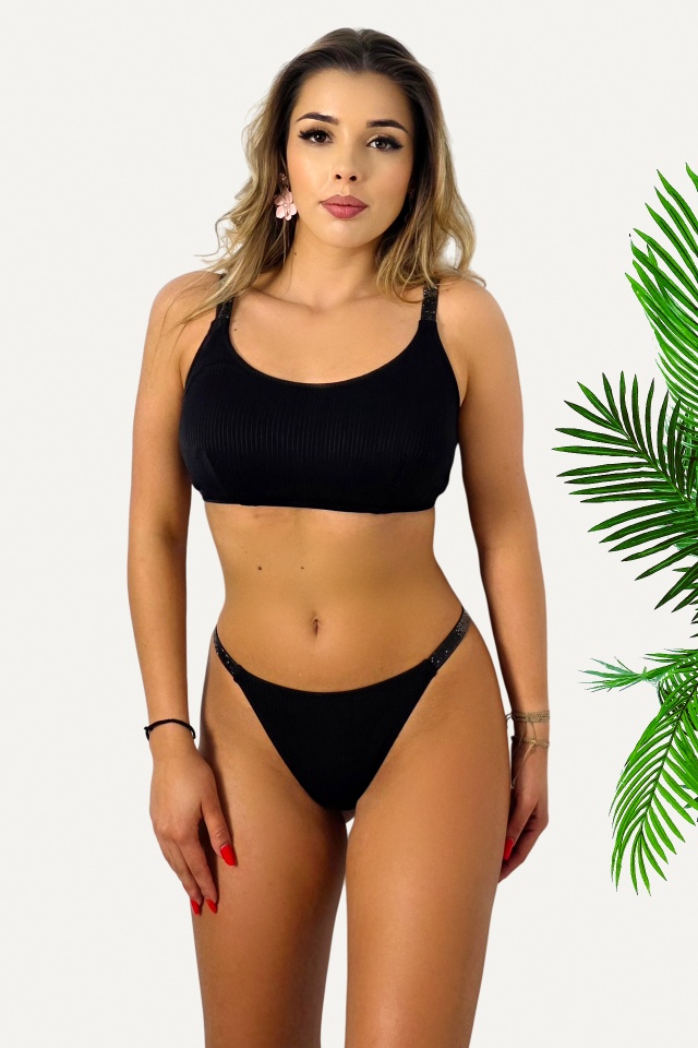 Costum de baie doua piese KALYA, cu slip brazilian si sutien sport, Negru - 2 | YEO