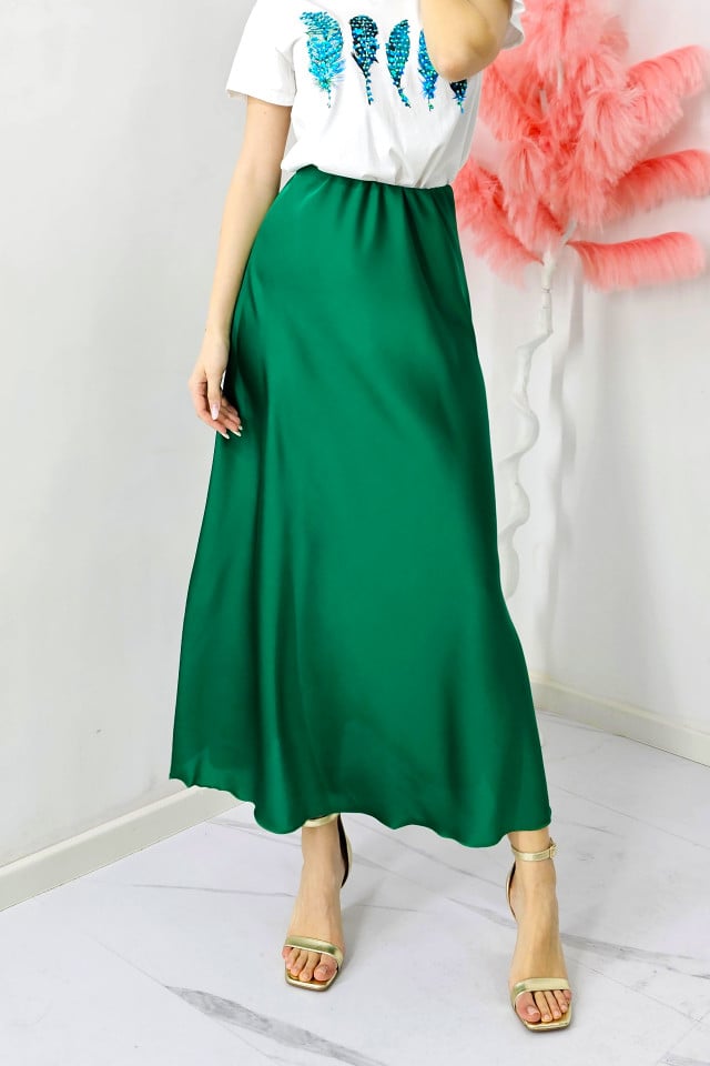 Fusta eleganta Penelope, cu textura satinata si croi lung, Verde, Marime S/M/L - 1 | YEO