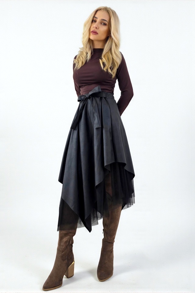 Fusta Florentina, din pile eco, cu tull asimetric si cordon cusut, Negru