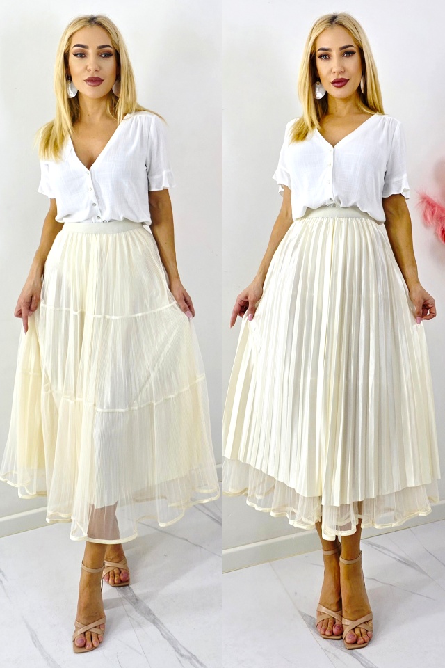 Fusta lunga cu doua fețe, LUNA, aspect plisat si tull, Crem, Marime S/M/L