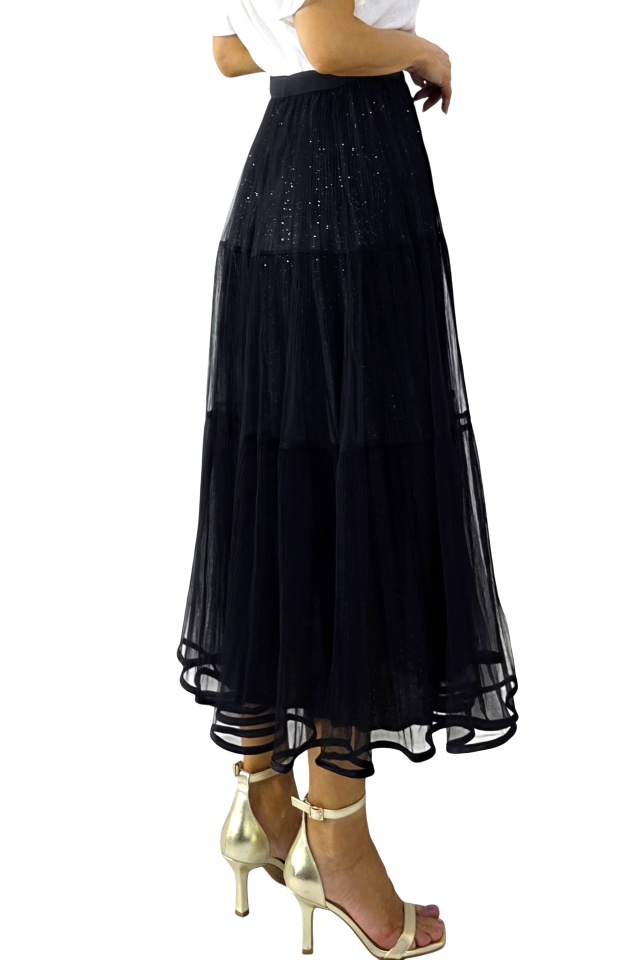 Fusta lunga cu doua fețe, LUNA, aspect plisat si tull, Negru, Marime S/M/L