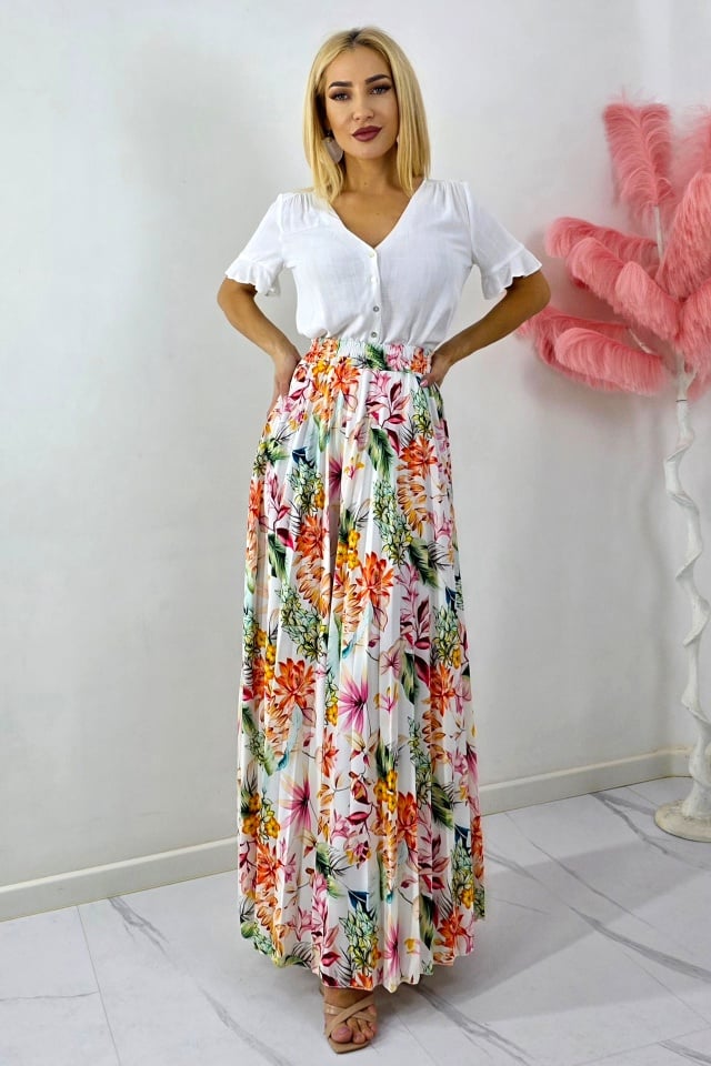 Fusta lunga de vara, plisata ALVINA cu imprimeu floral, Orange, Marime S/M - 3 | YEO