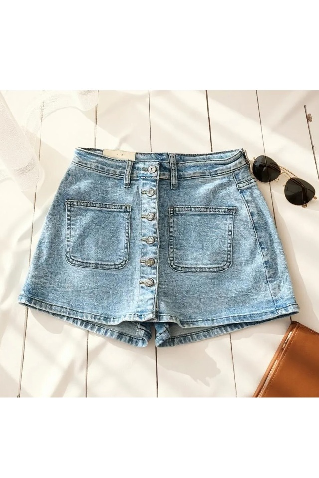 Fusta pantaloni scurti, denim SORELL, cu buzunare si nasturi, Albastru deschis - 3 | YEO