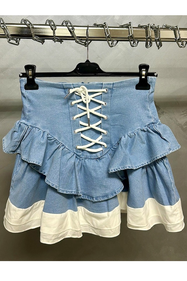 Fusta scurta denim CIELO, cu snururi si volane, Albastru deschis