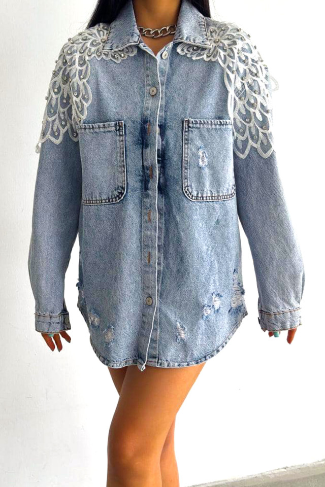 Geaca lunga din denim Oros, cu perforatii si pietre aplicate, Bird, Albastru baby blue - 3 | YEO