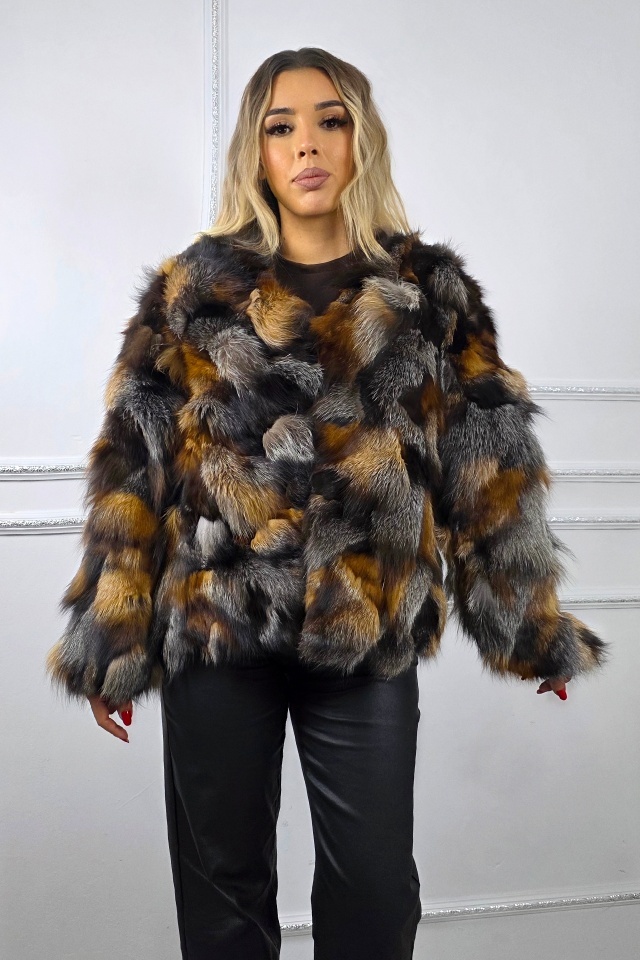 Haina de dama din blana naturala de vulpe FELYNA, croi mediu, Bej/Gri, Marime S/M/L - 2 | YEO