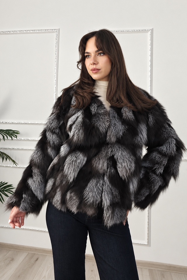 Jacheta din blana naturala de vulpe FELYNA, cu inchidere metalica, Negru/Gri, Marime S/M/L — imaginea 3