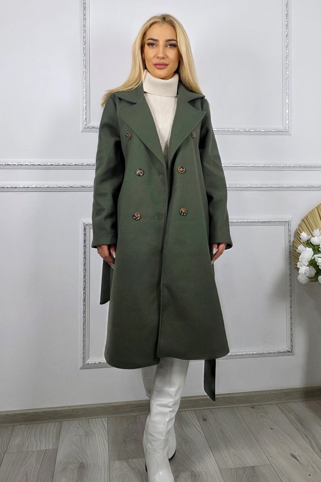 Palton captusit Melanda, cu nasturi si cordon, Verde inchis, Marime S/M/L