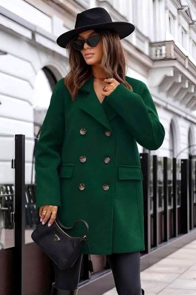 Palton de dama Adriana, cu nasturi si buzunare decorative, Verde, Marime S/M/L