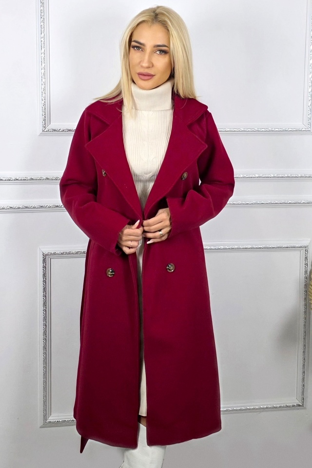 Palton de dama, midi Melanda, cordon detasabil si nasturi, Rosu grena, Marime S/M/L