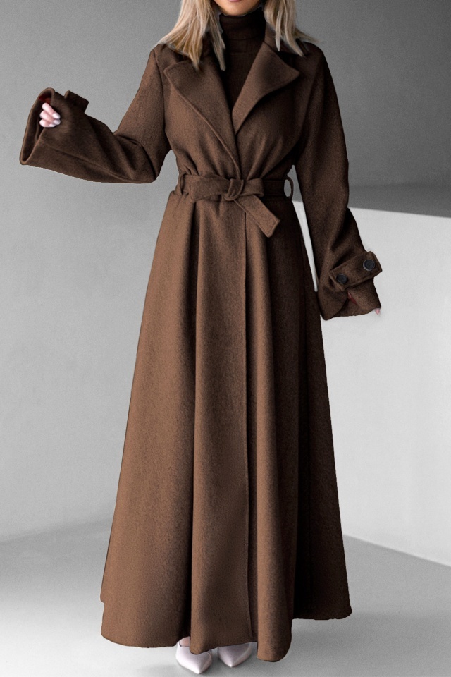 Palton lung cu nasturi Merina, falduri si cordon, Maro, Marime S/M