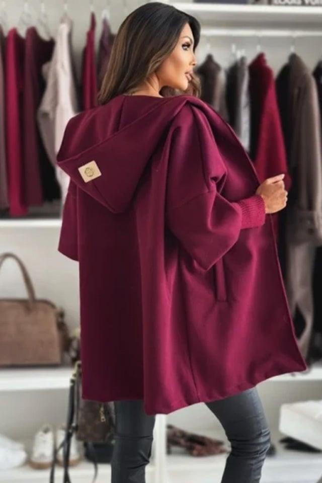 Palton oversize Katiana, maneca cu panou suprapus, tricot si gluga, Bordo, Marime S/M/L - 1 | YEO