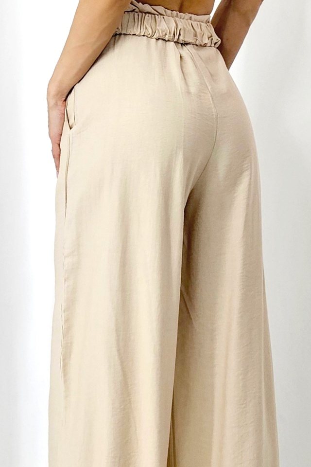 Pantaloni casual DIAFAN, croi lejer wide leg si curea decorativa, Bej, Marime S/M/L - 3 | YEO