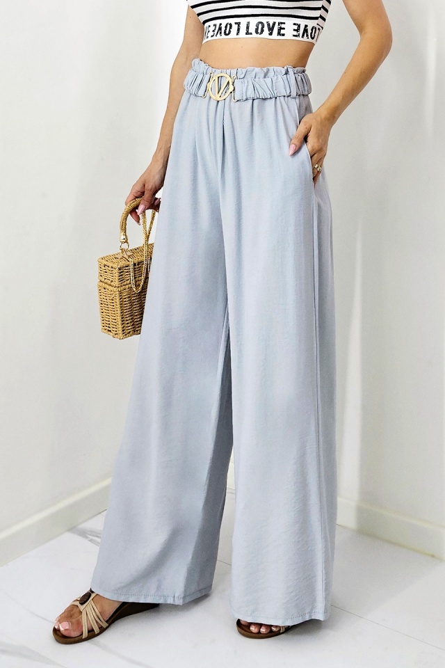 Pantaloni casual DIAFAN, croi lejer wide leg si curea decorativa, Gri, Marime S/M/L