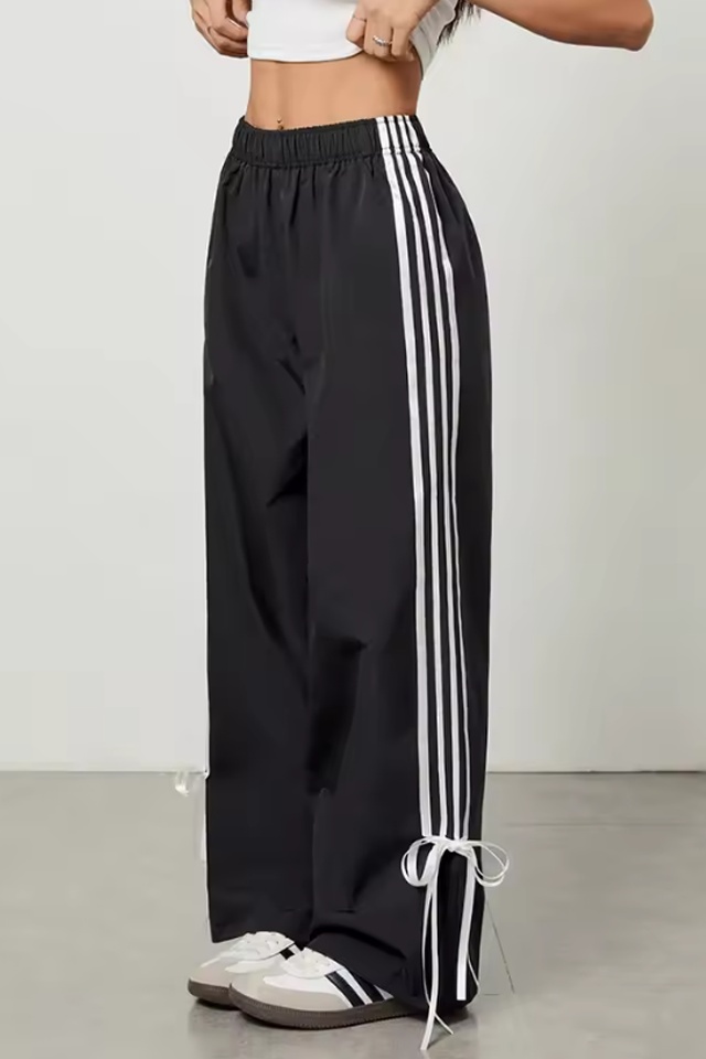 Pantaloni casual, Palazzo RIVA, cu dungi și funde decorative, Negru