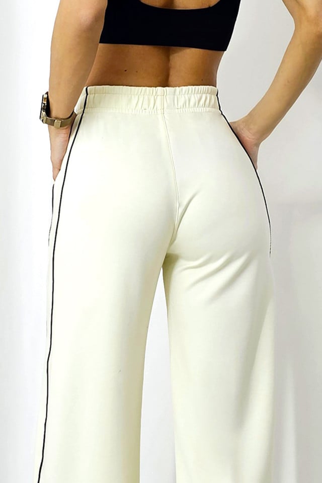 Pantaloni casual Sabyna, cu dungi laterale si croiala wide leg, Crem - 2 | YEO