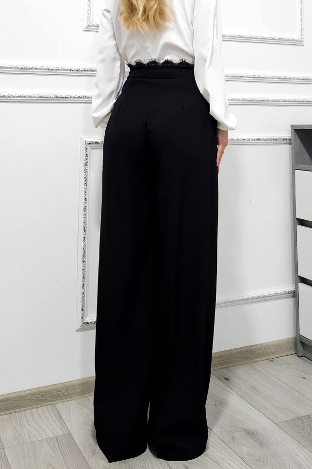 Pantaloni eleganti de dama PalaZZO, cu garnitura din dantela si pense, Negru - 1 | YEO