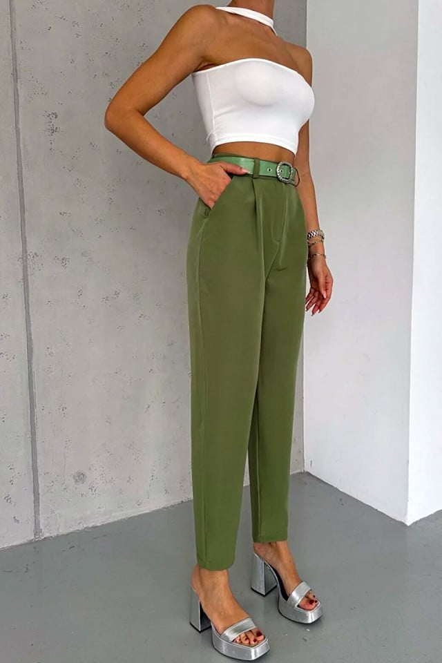 Pantaloni eleganti Malon, cu pense si curea asortata, Verde - 3 | YEO