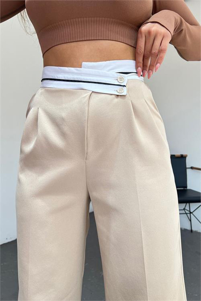 Pantaloni eleganti Renato, croiala lejera si inchidere asimetrica, Crem - 2 | YEO