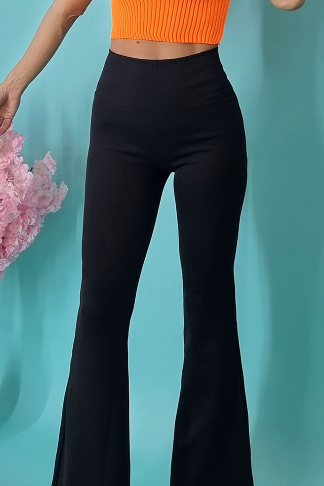 Pantaloni Linda, evazati, cu talie inalta si aspect tetra, Negru - 3 | YEO