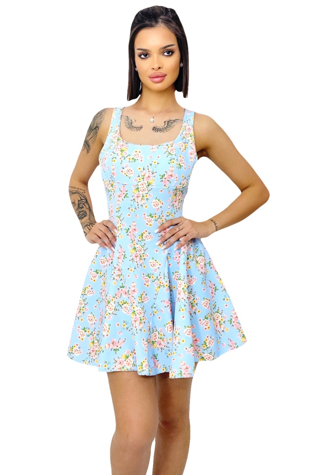 Rochie babydoll MARA, cu funda la spate si imprimeu floral, Albastru baby blue, Marime S/M/L