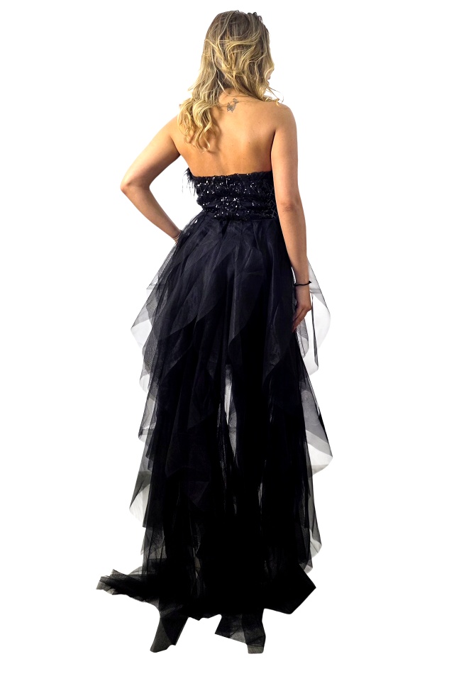 Rochie banchet PRAM Party, cu rejansa din pene de strut, Negru