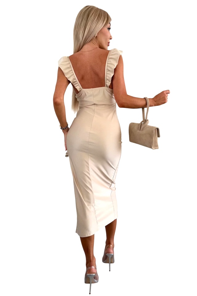 Rochie bodycon Ditsy UNI, cu volanase si crapatura pe picior, Crem, Marime S/M