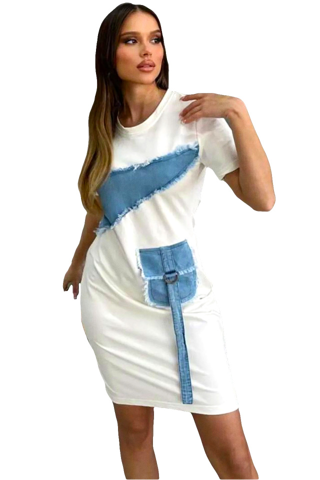 Rochie casual Nymar, cu detalii din denim si maneca scurta, Alb