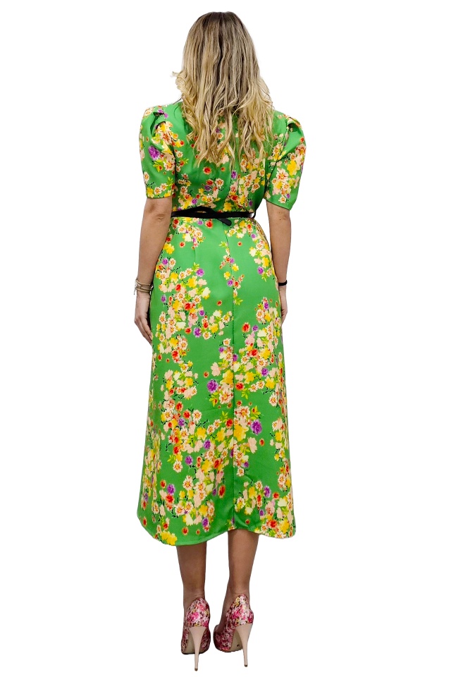 Rochie cu buzunare SOREYA, cu maneca bufanta si curea in ton, Verde Floral, Marimea S/M