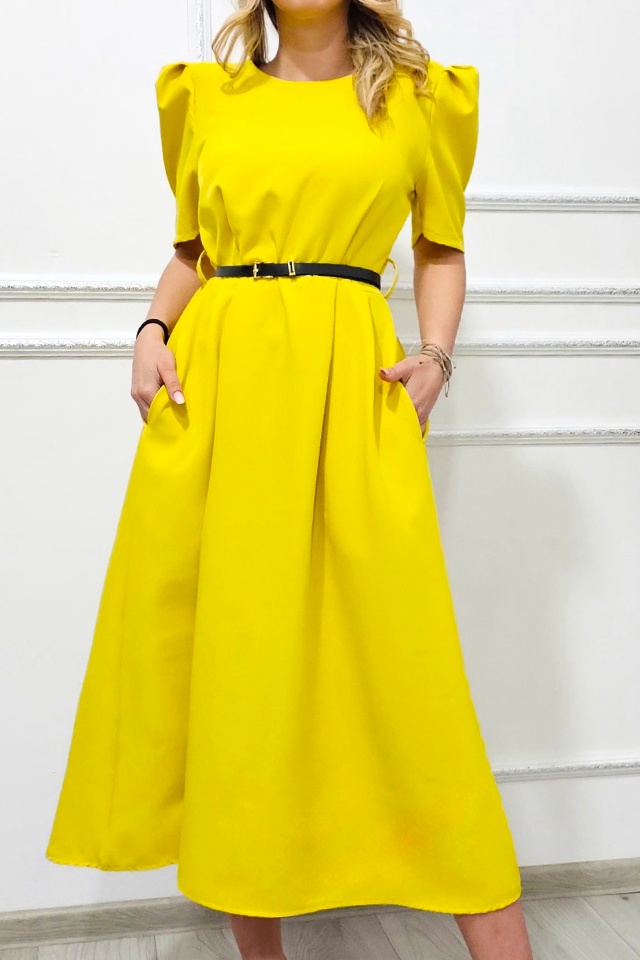 Rochie cu buzunare SOREYA, maneca bufanta si curea in ton, Galben Mustar Uni, Marimea S/M - 2 | YEO