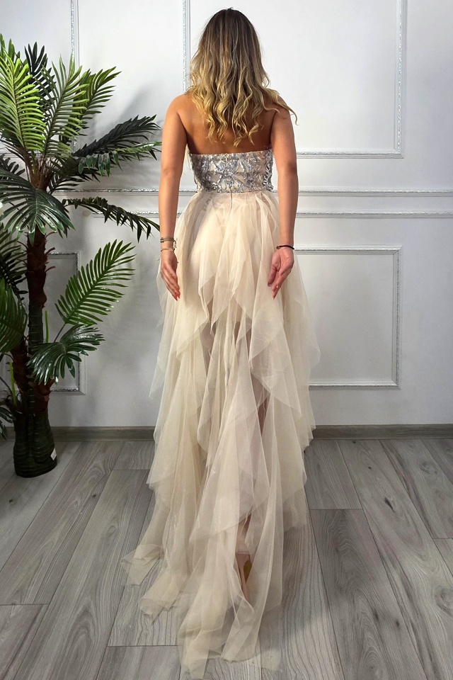 Rochie cu pene de strut PRAM Party, cu trena si paiete artizanale, Crem