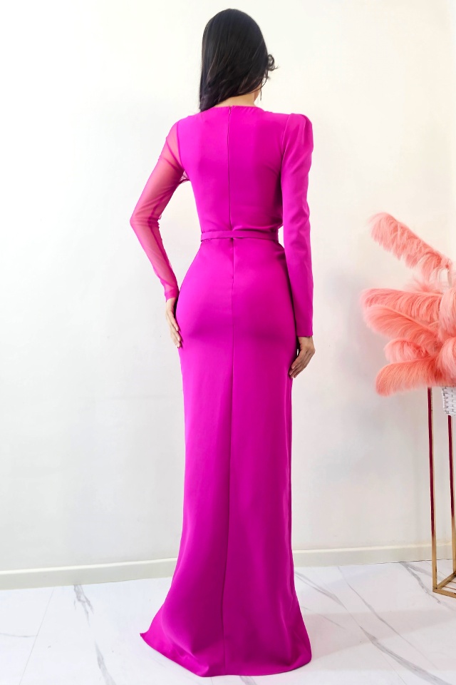 Rochie de ocazie Patricia, cu maneca lunga si detalii din tull, Fucsia - 1 | YEO