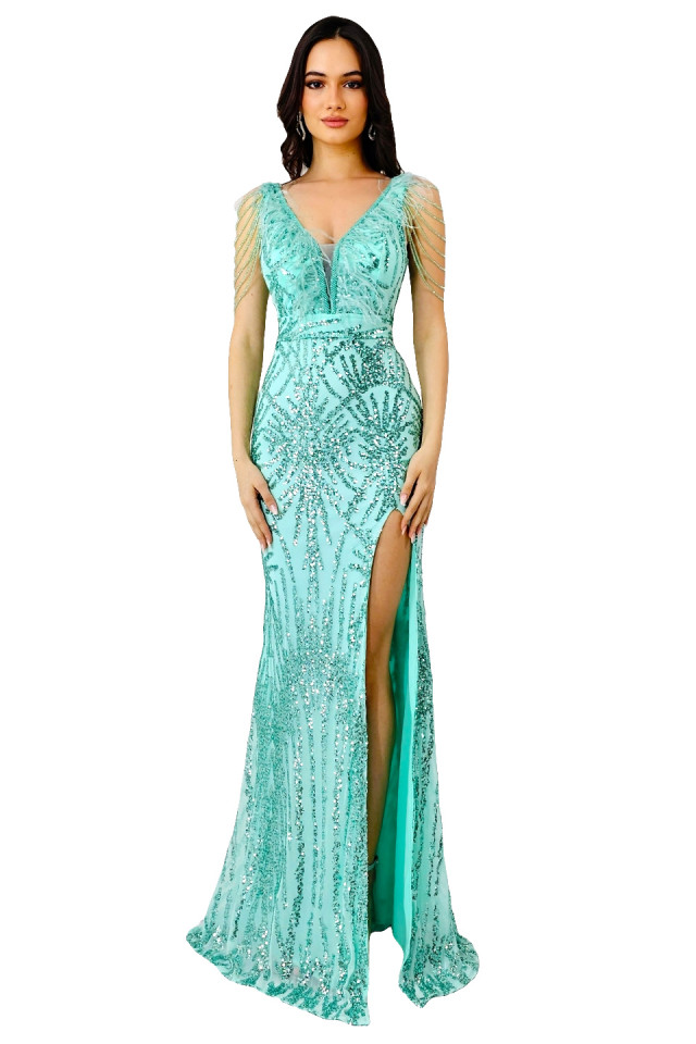 Rochie de seara Lady Margo, cu pene, paiete si decolteu adanc cu tull, Turquoise